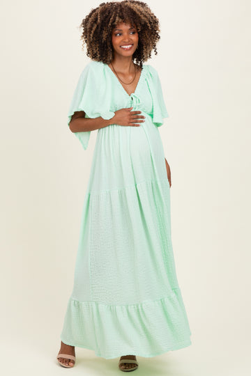 Sage Woven Textured Flutter Sleeve V-Neck Tiered Maternity Maxi Dress