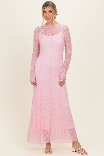Light Pink Lace Mock Neck Long Sleeve Maxi Dress