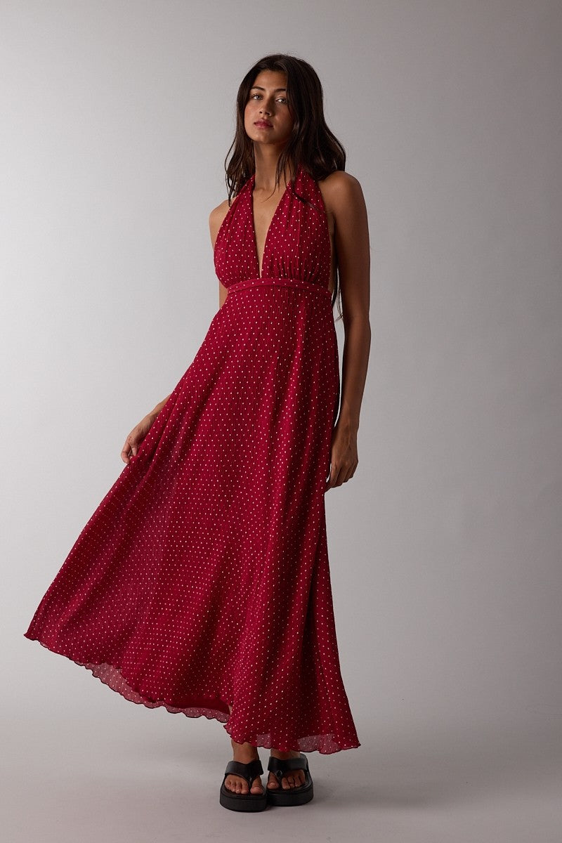 Red Polka Dot Halter Tie Open Back Maternity Maxi Dress