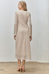 Beige Lace Jacquard Long Sleeve Midi Dress