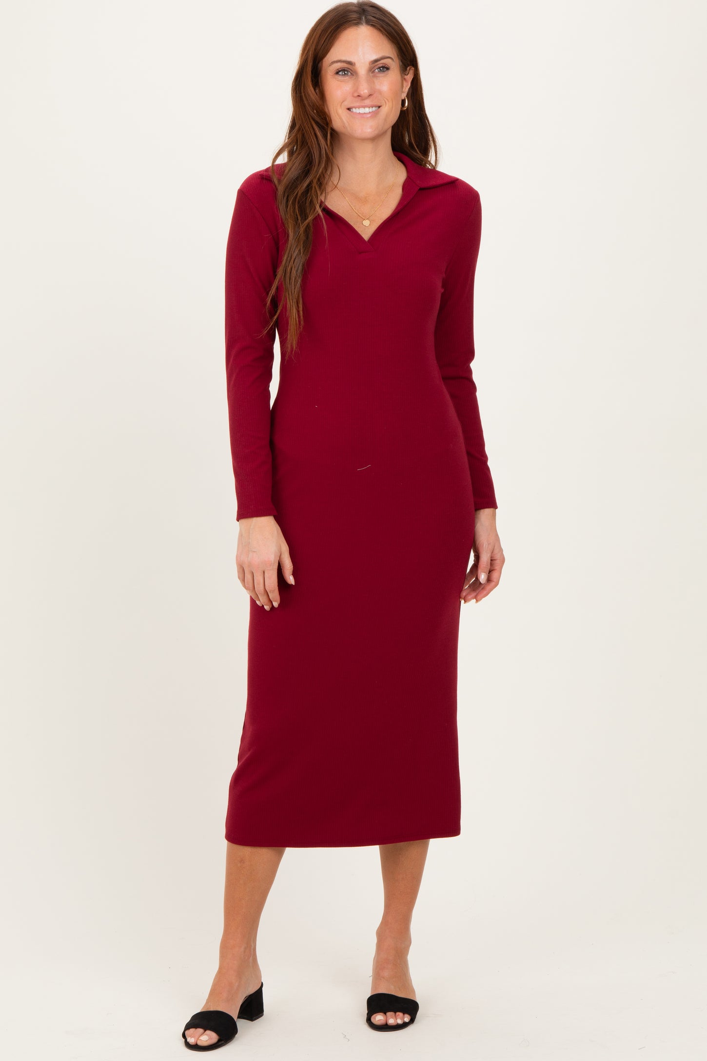 Red Ribbed Collared Long Sleeve Maternity Midi Dress