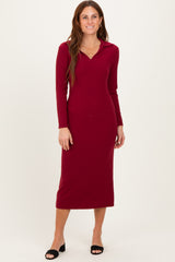 Red Ribbed Collared Long Sleeve Maternity Midi Dress