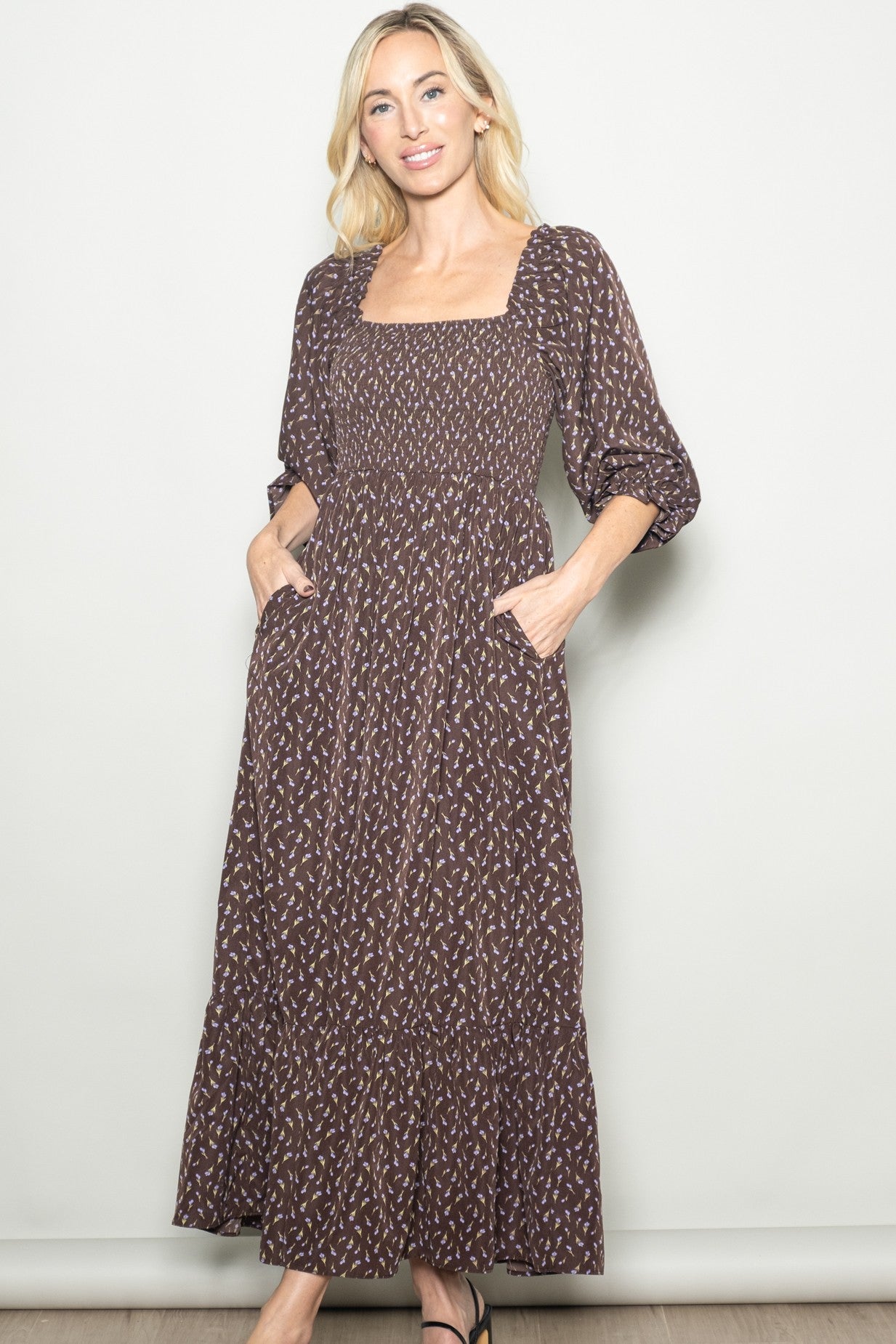 Chestnut Brown Floral 3/4 Sleeve Maternity Maxi Dress
