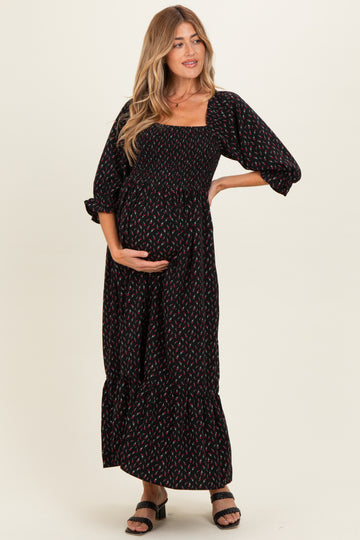 Black Floral 3/4 Sleeve Maternity Maxi Dress