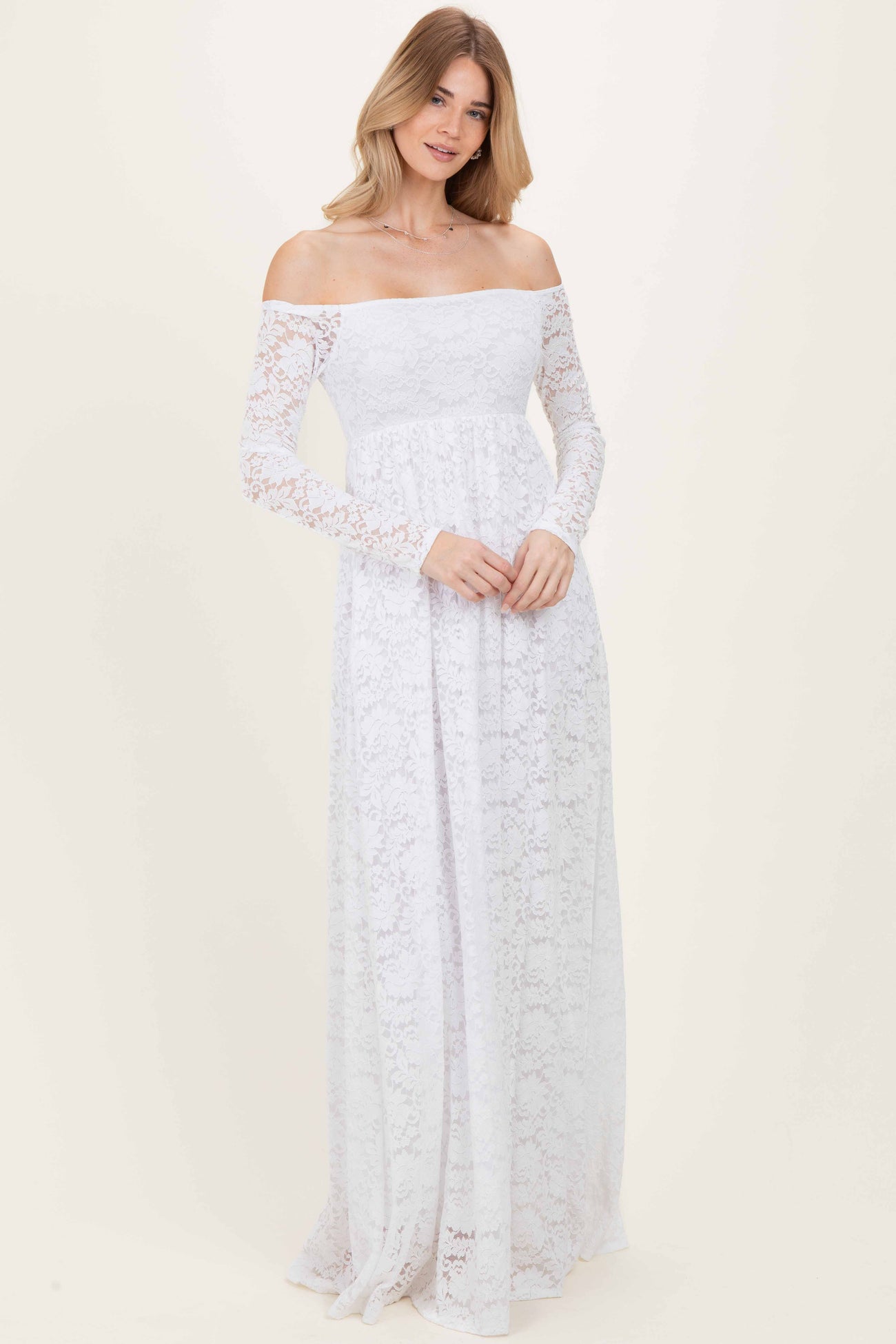 White Floral Lace Long Sleeve Off Shoulder Maternity Maxi Dress