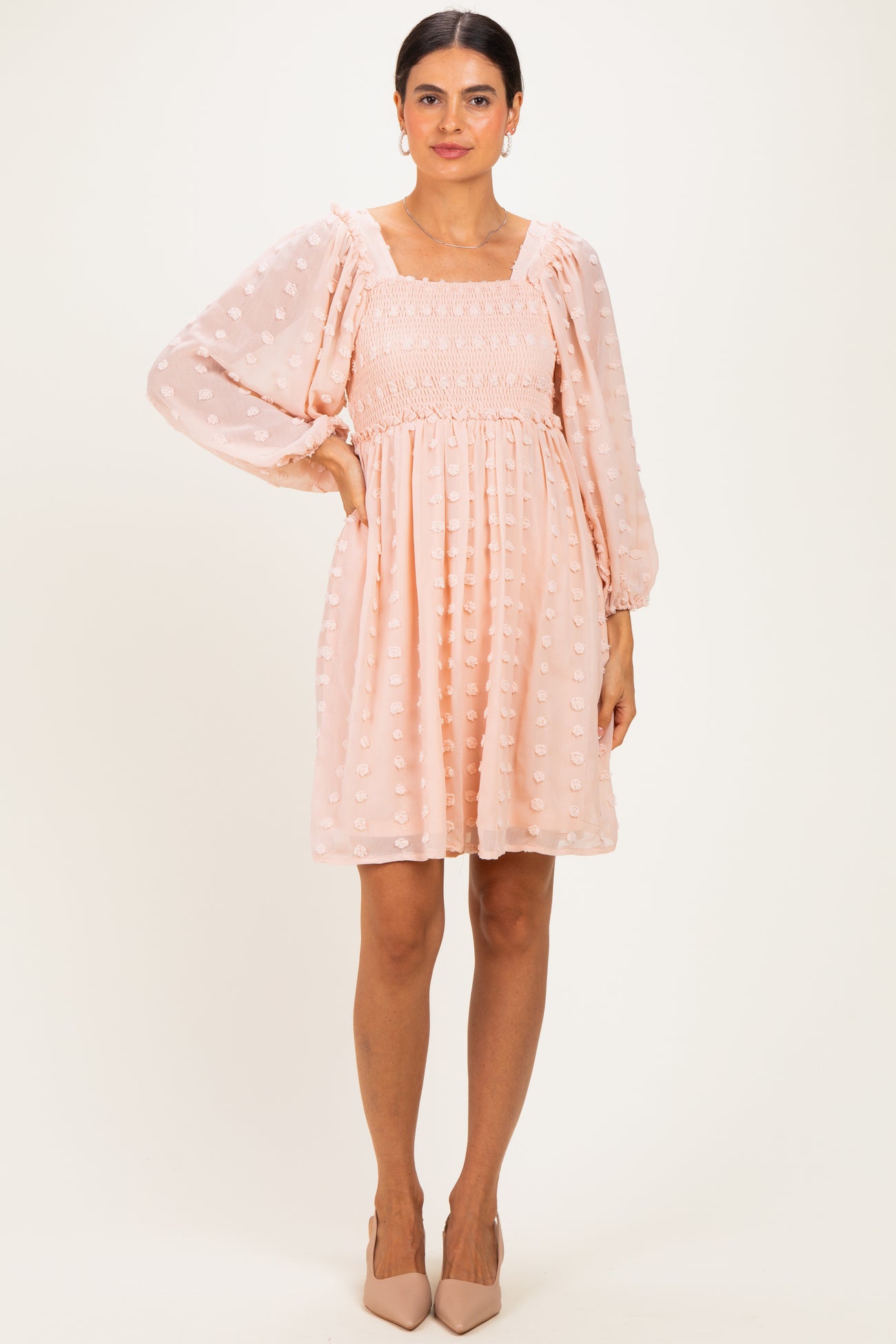 Peach Textured Dot Smocked Square Neck Chiffon Maternity Dress