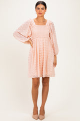 Peach Textured Dot Smocked Square Neck Chiffon Maternity Dress