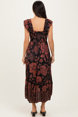 Black Floral Smocked Flutter Sleeve Midi Dress