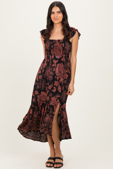 Black Floral Smocked Flutter Sleeve Midi Dress