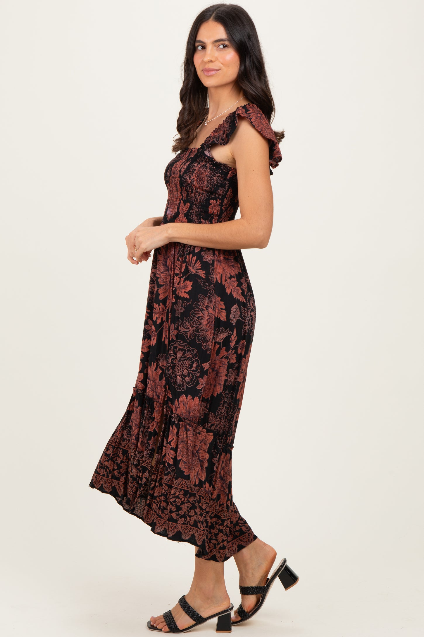 Black Floral Smocked Flutter Sleeve Midi Dress