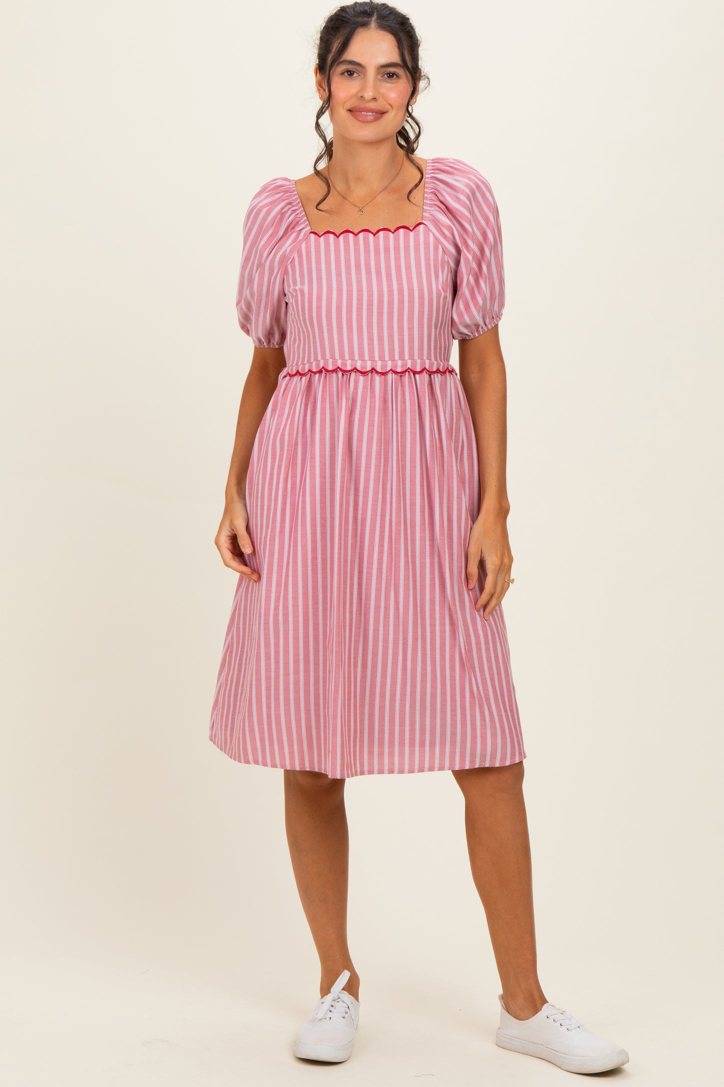 Red Gingham Square Neck Maternity Dress