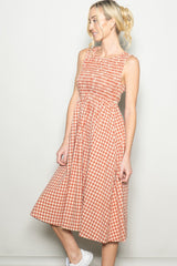 Red Gingham Smocked Sleeveless Midi Dress