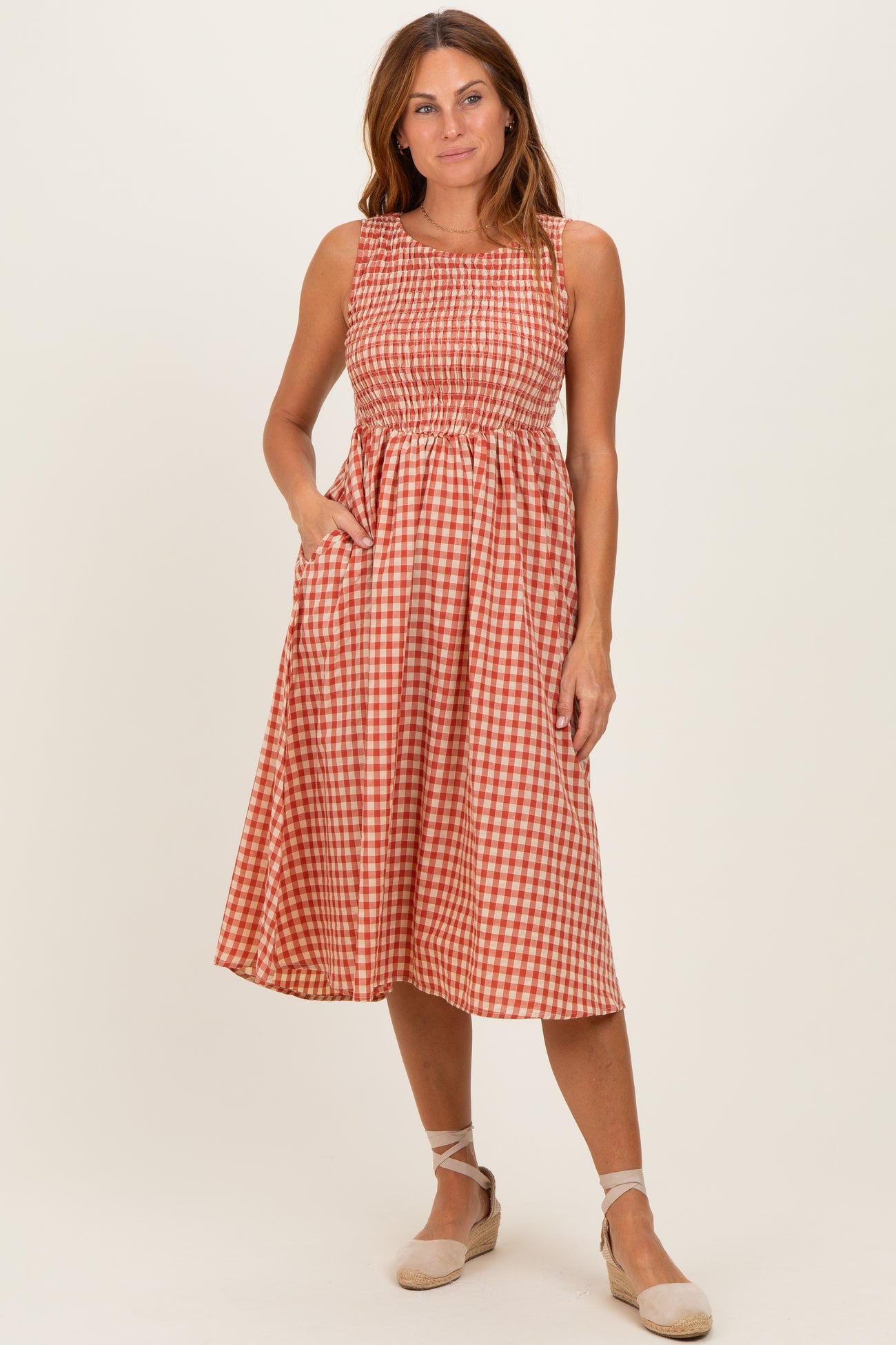 Red Gingham Smocked Sleeveless Midi Dress