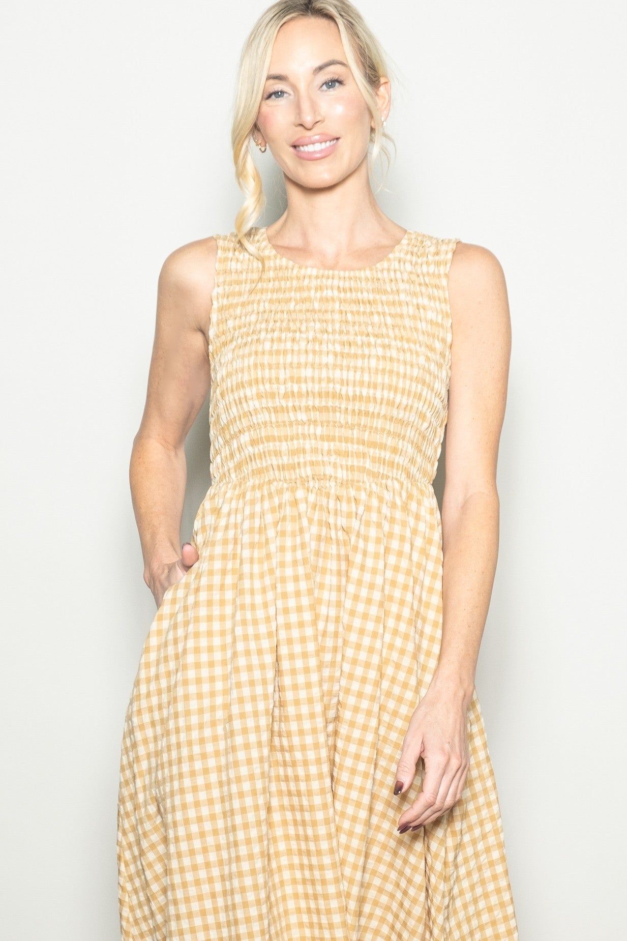 Yellow Gingham Smocked Sleeveless Midi Dress