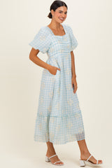 Light Blue Gingham Pleated Square Neck Midi Dress