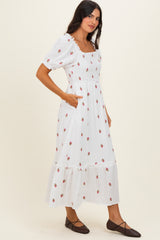 Ivory Embroidered Smocked Midi Dress