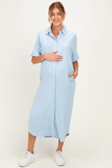 Light Blue Button Down Maternity Midi Shirt Dress