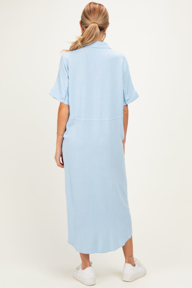 Light Blue Button Down Maternity Midi Shirt Dress