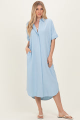 Light Blue Button Down Maternity Midi Shirt Dress