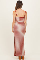 Red Striped Ribbed Sleeveless Side Slit Maternity Maxi Dress