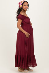 Burgundy Smocked Waist Off Shoulder Maternity Maxi Dress