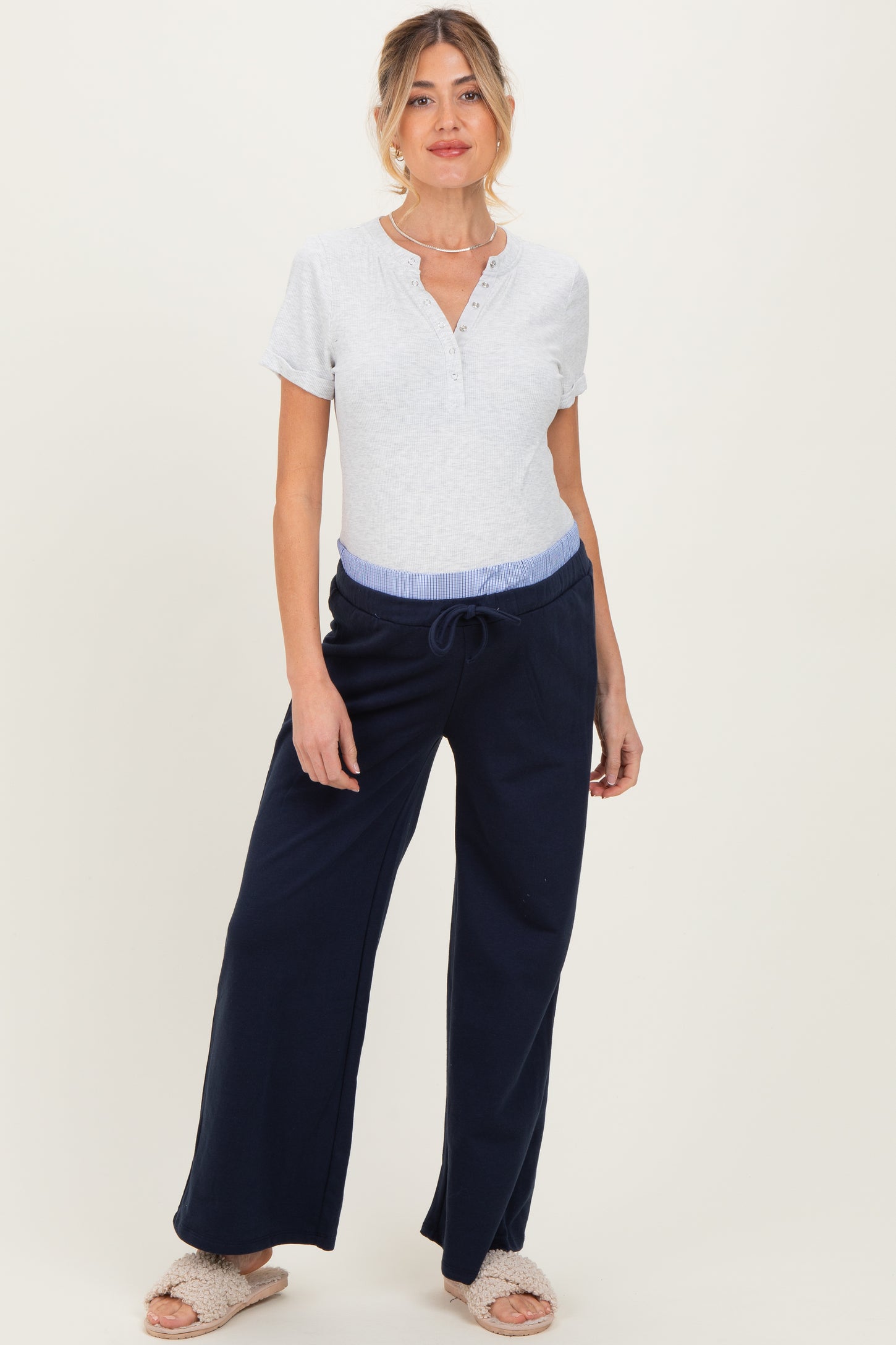 Navy Contrast Waistband Maternity Lounge Pants