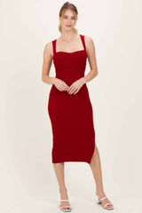 Burgundy Cutout Fitted Midi Dress