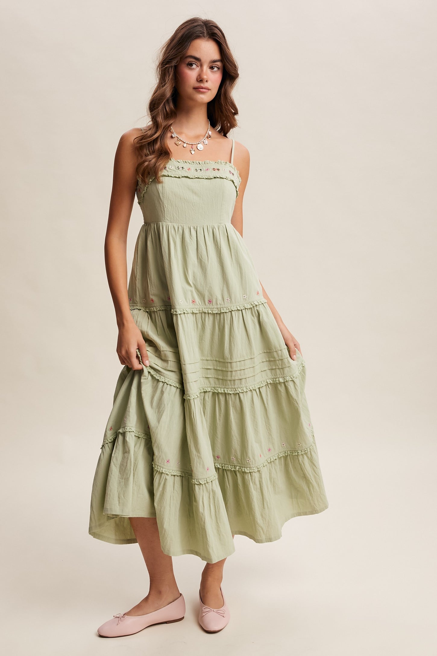 Sage Embroidered Ruffle Tiered Maxi Dress