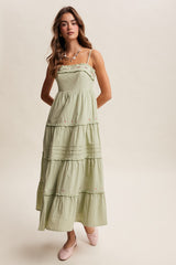 Sage Embroidered Ruffle Tiered Maternity Maxi Dress