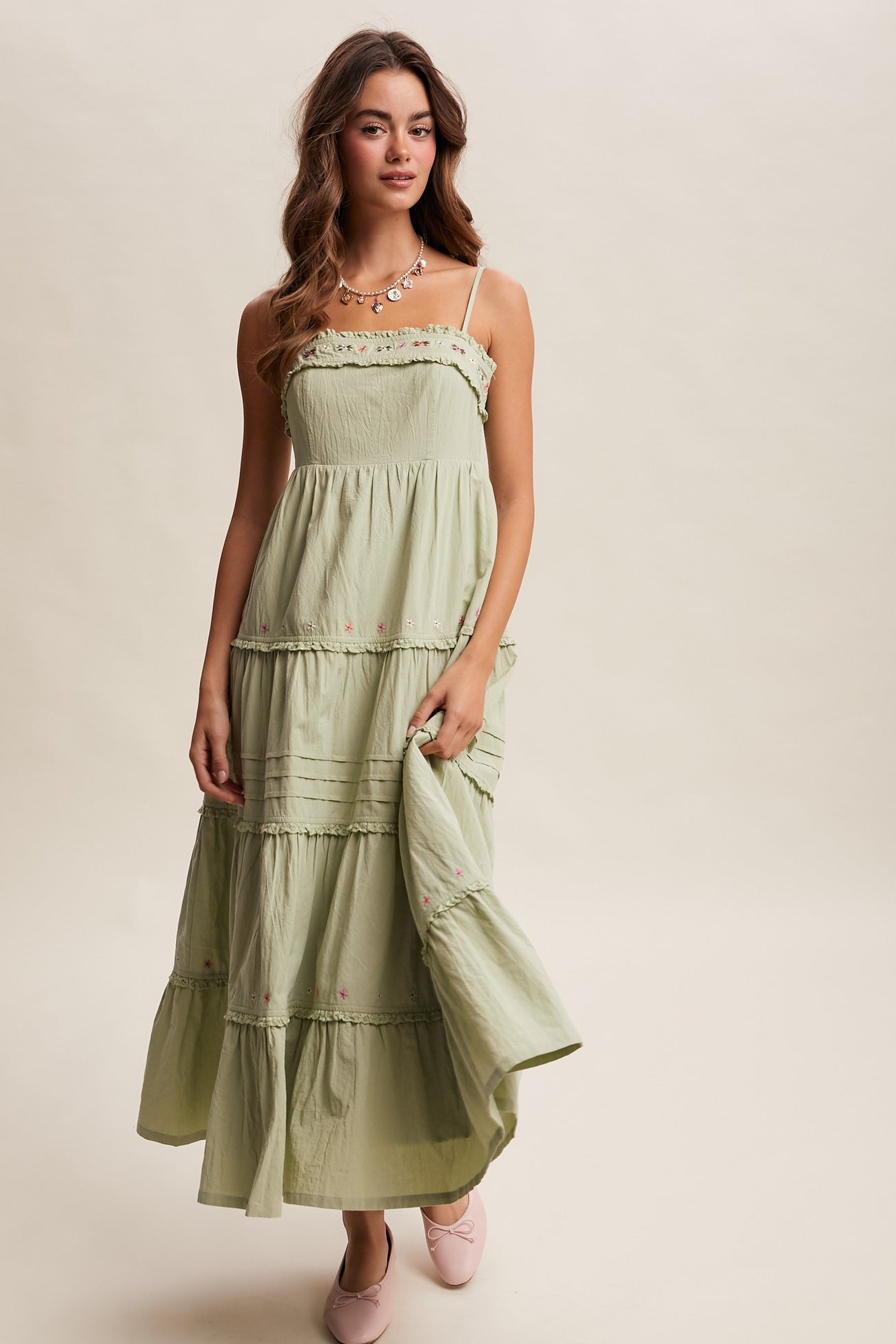 Sage Embroidered Ruffle Tiered Maxi Dress