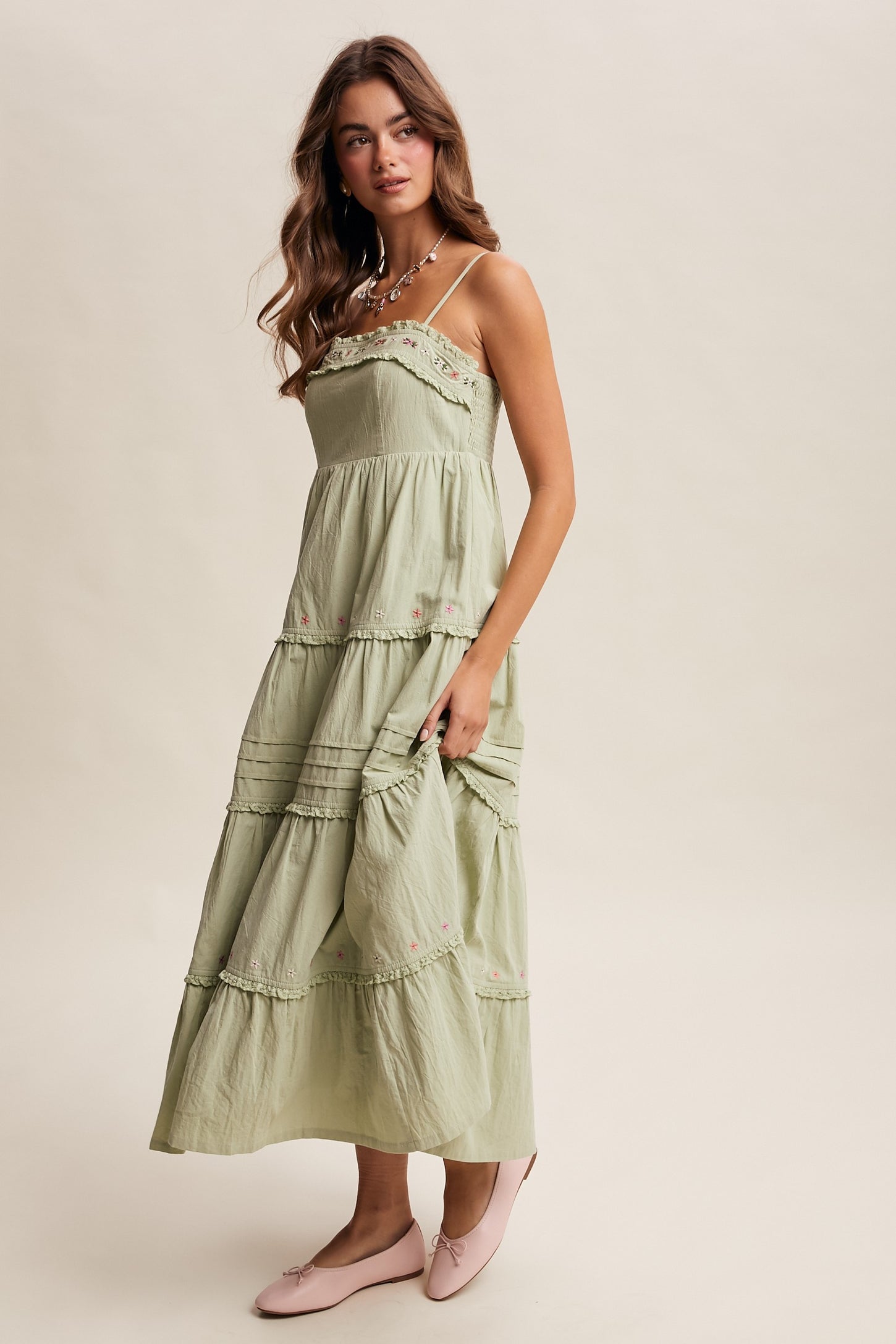 Sage Embroidered Ruffle Tiered Maxi Dress