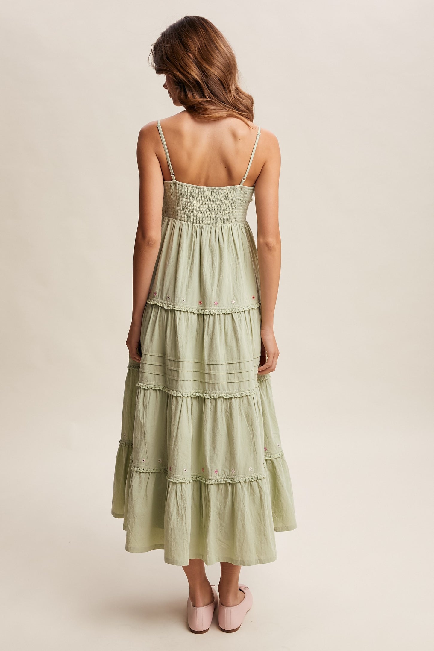 Sage Embroidered Ruffle Tiered Maxi Dress