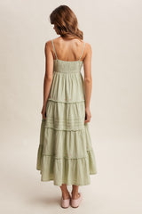Sage Embroidered Ruffle Tiered Maxi Dress