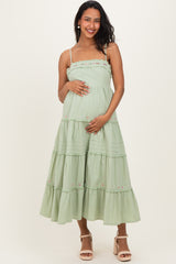 Sage Embroidered Ruffle Tiered Maternity Maxi Dress