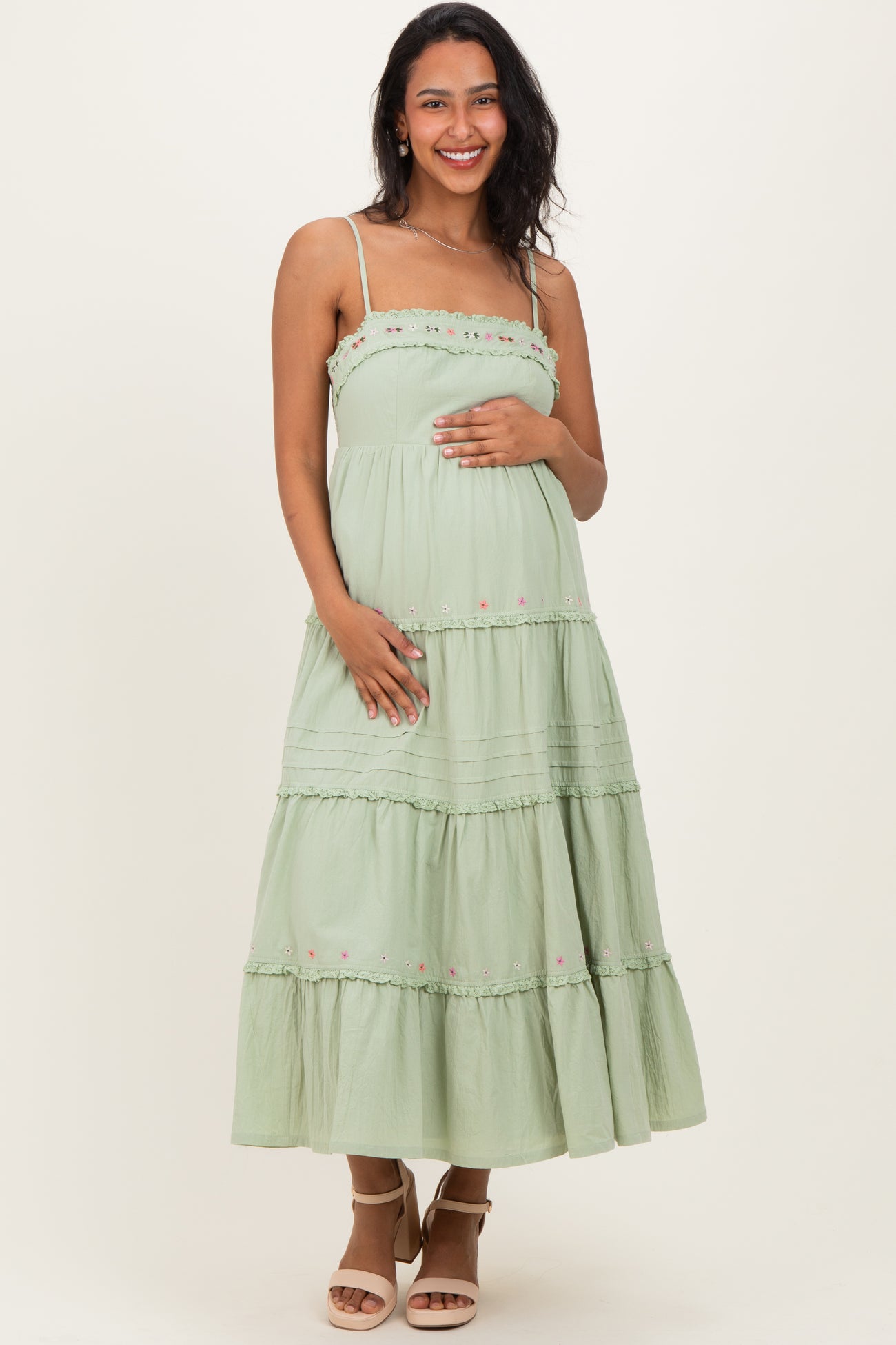 Sage Embroidered Ruffle Tiered Maternity Maxi Dress