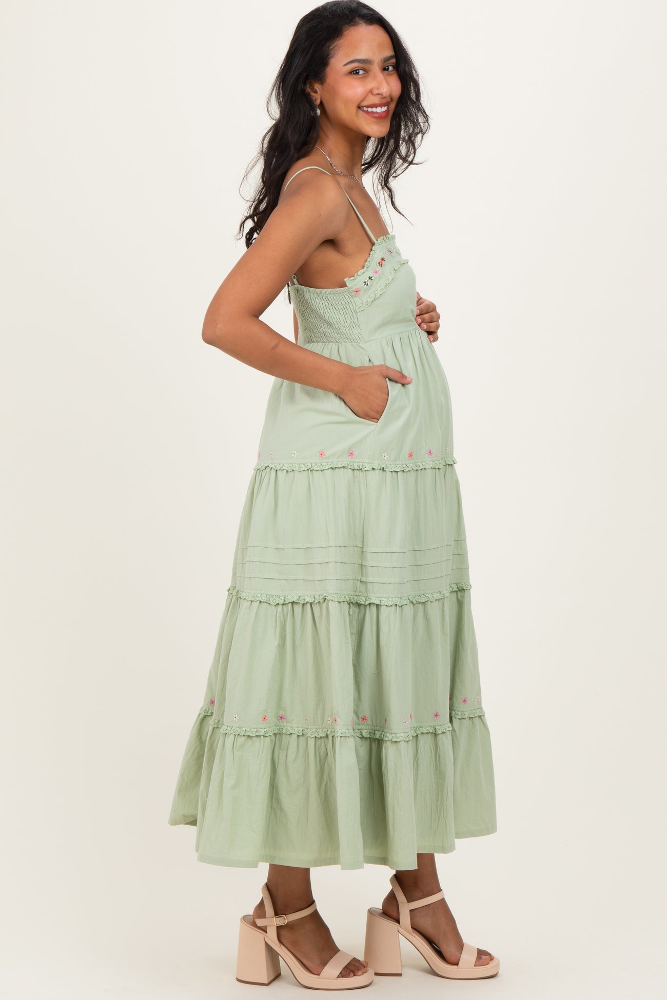 Sage Embroidered Ruffle Tiered Maternity Maxi Dress