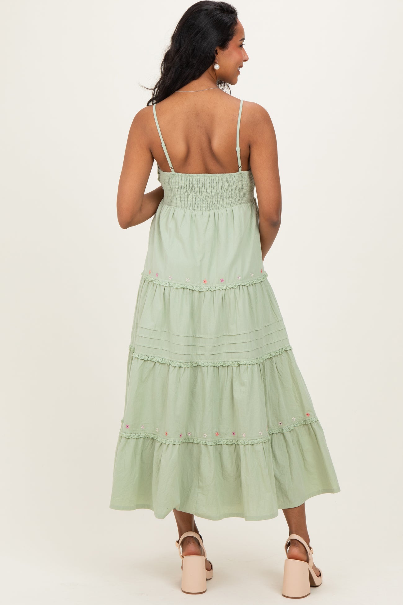 Sage Embroidered Ruffle Tiered Maternity Maxi Dress