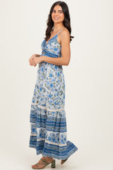Blue Floral Twist Cutout Maxi Dress