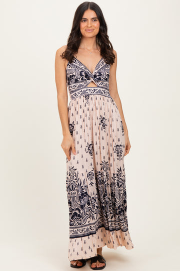 Cream Floral Border Twist Front Cutout Maxi Dress