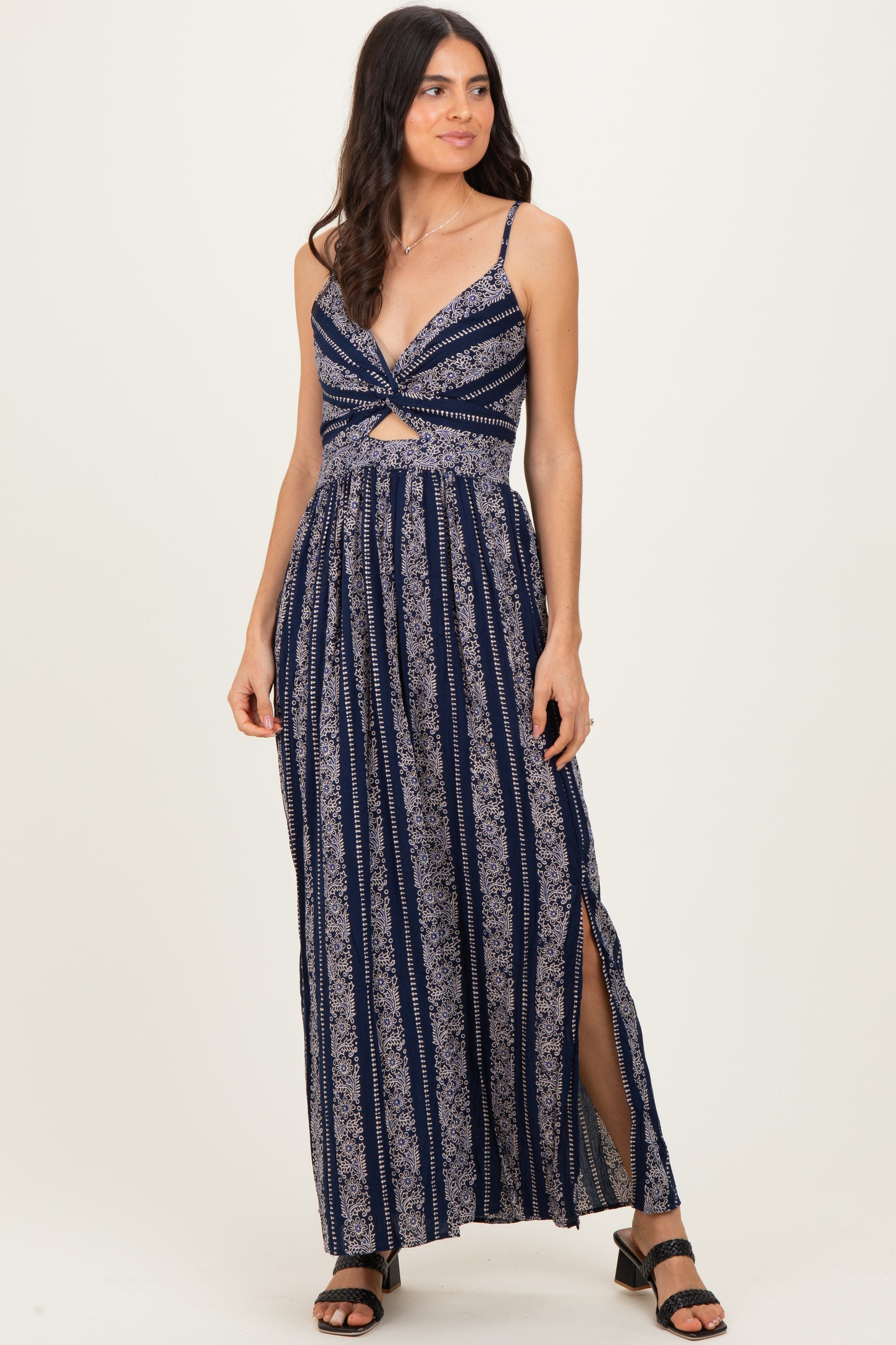 Navy Floral Stripe Twisted Front Maternity Maxi Dress