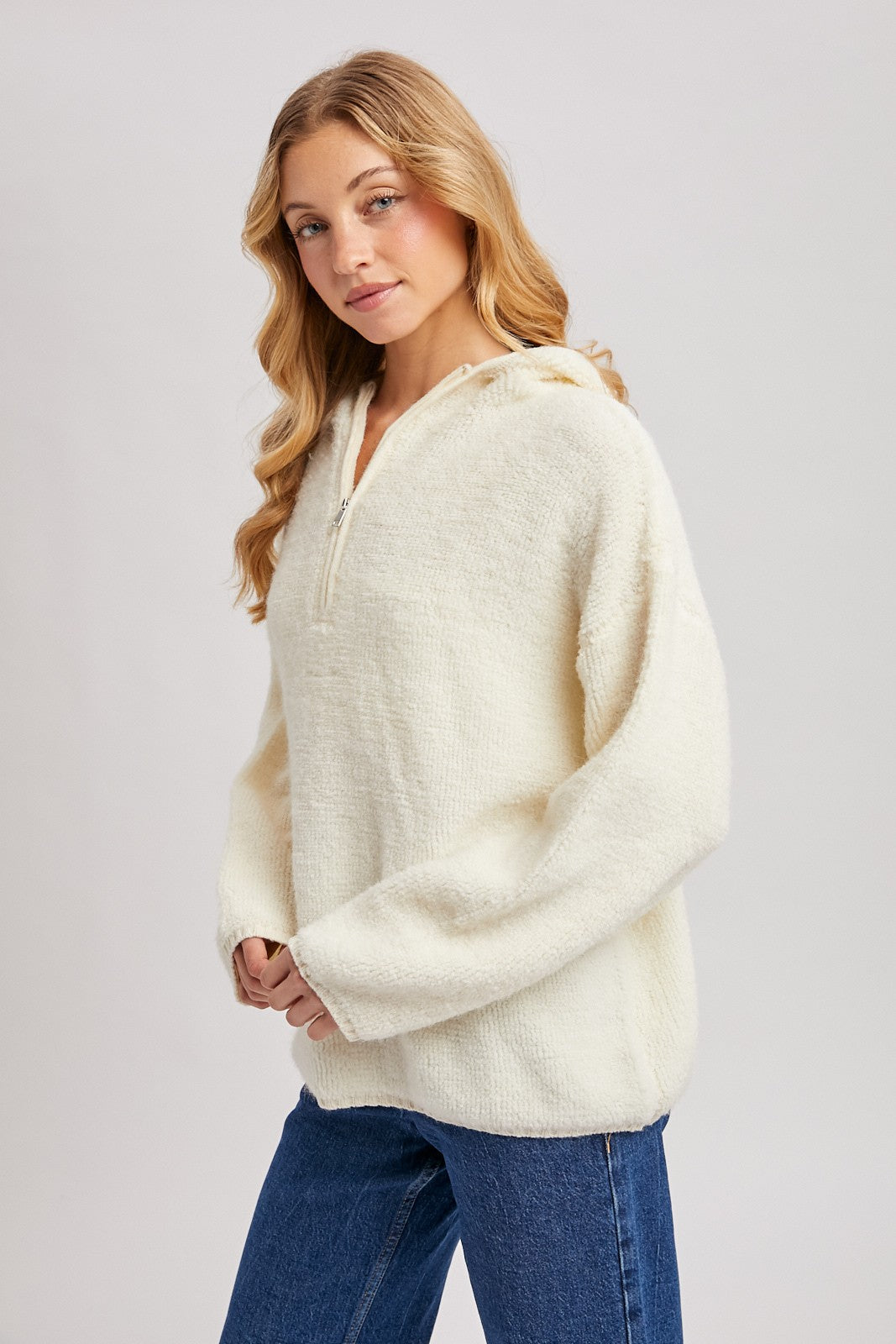 Cream Half Zip Hoodie Sweater