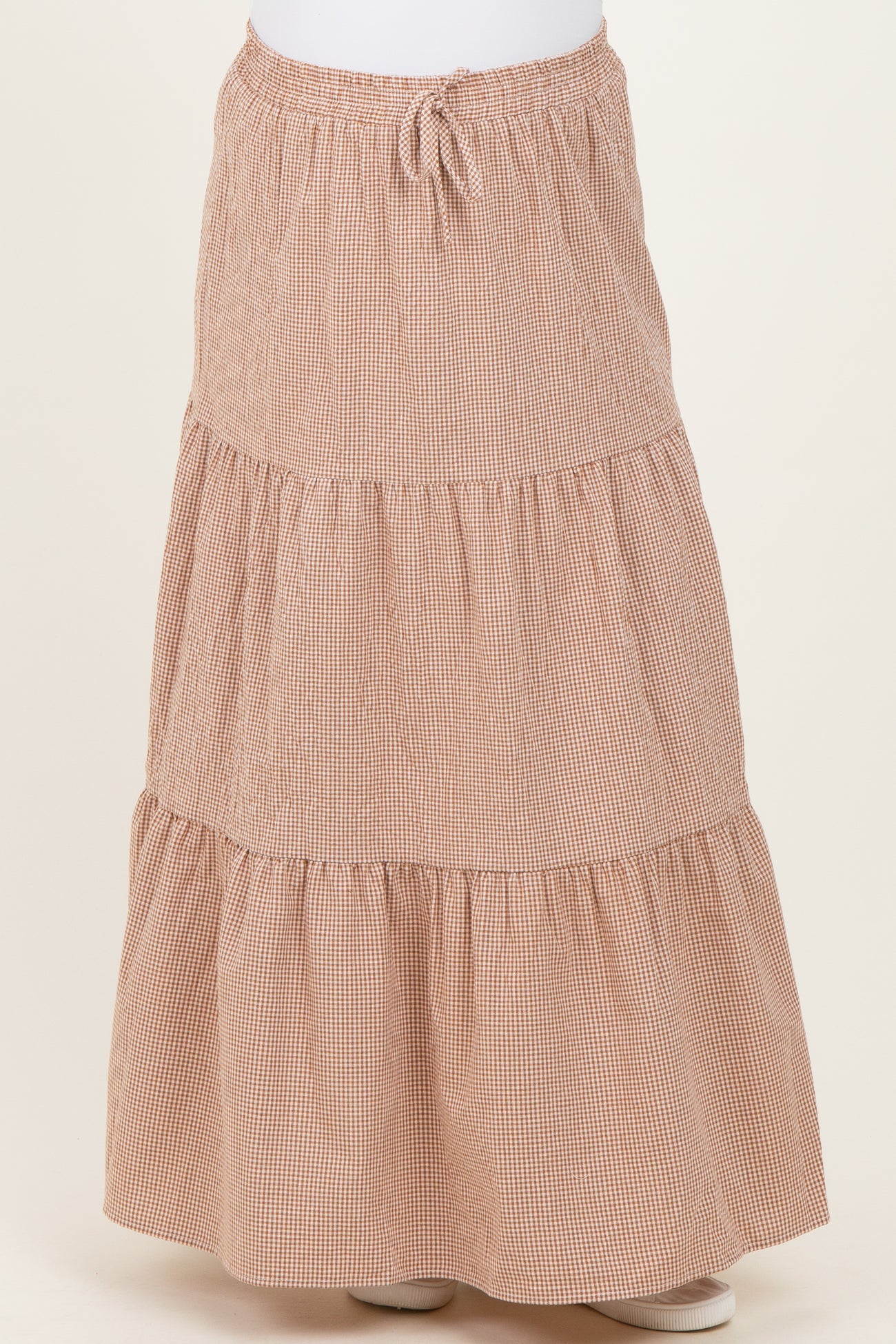 maternity wear brown gingham tiered maxi skirt with an elastic waistband and adjustable drawstring