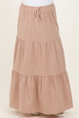 maternity wear brown gingham tiered maxi skirt with an elastic waistband and adjustable drawstring