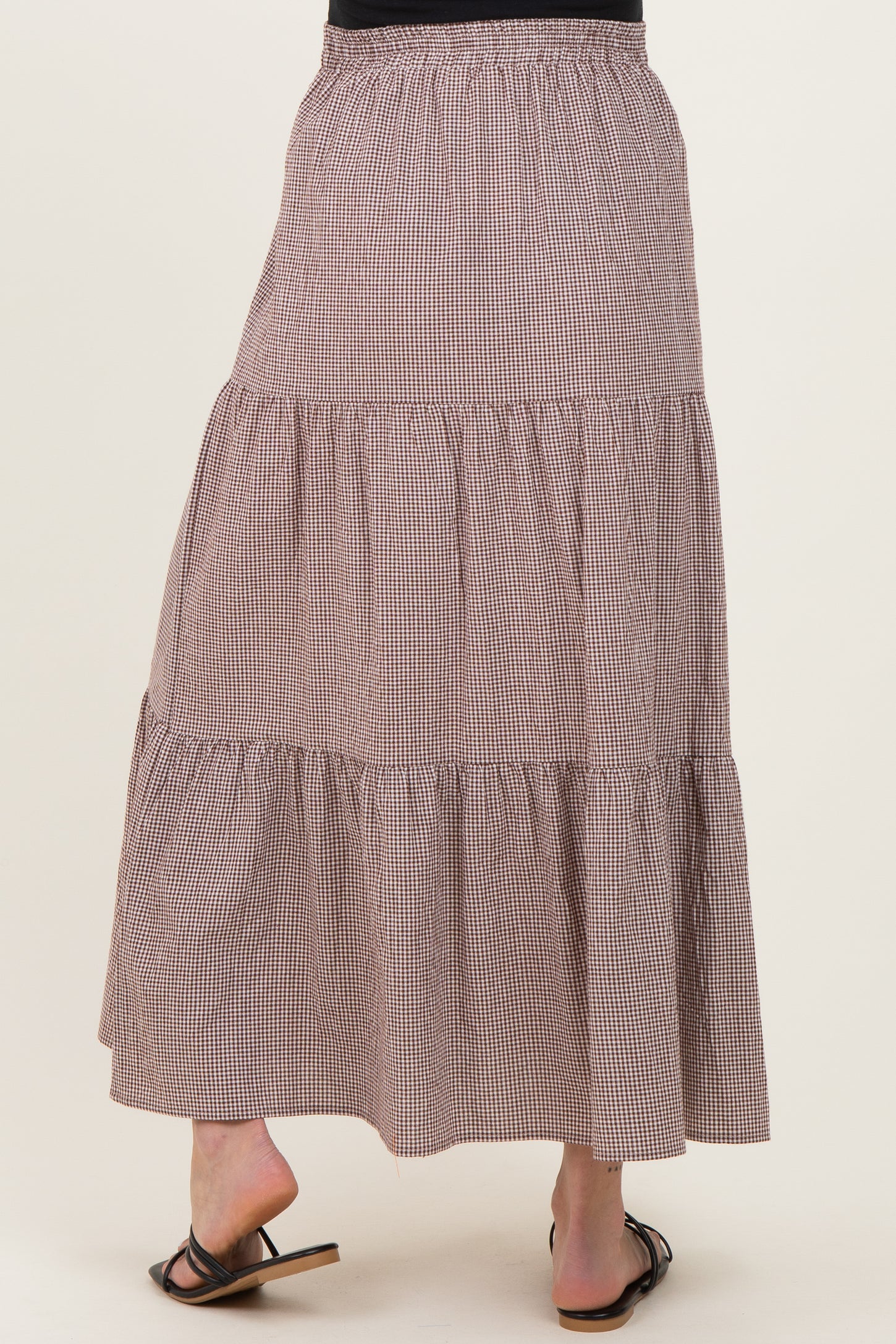 Brown Gingham Tiered Maternity Maxi Skirt