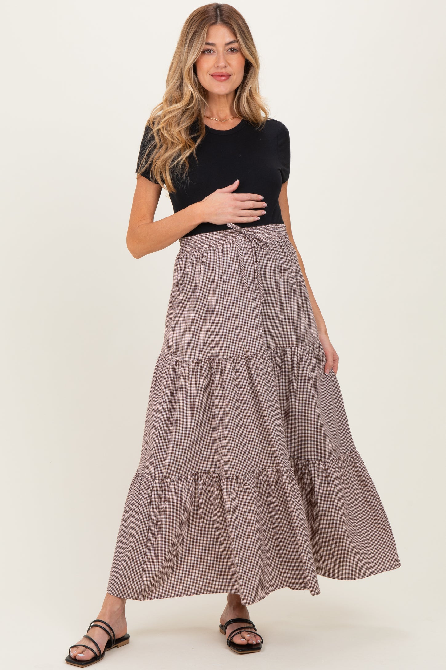 Brown Gingham Tiered Maternity Maxi Skirt