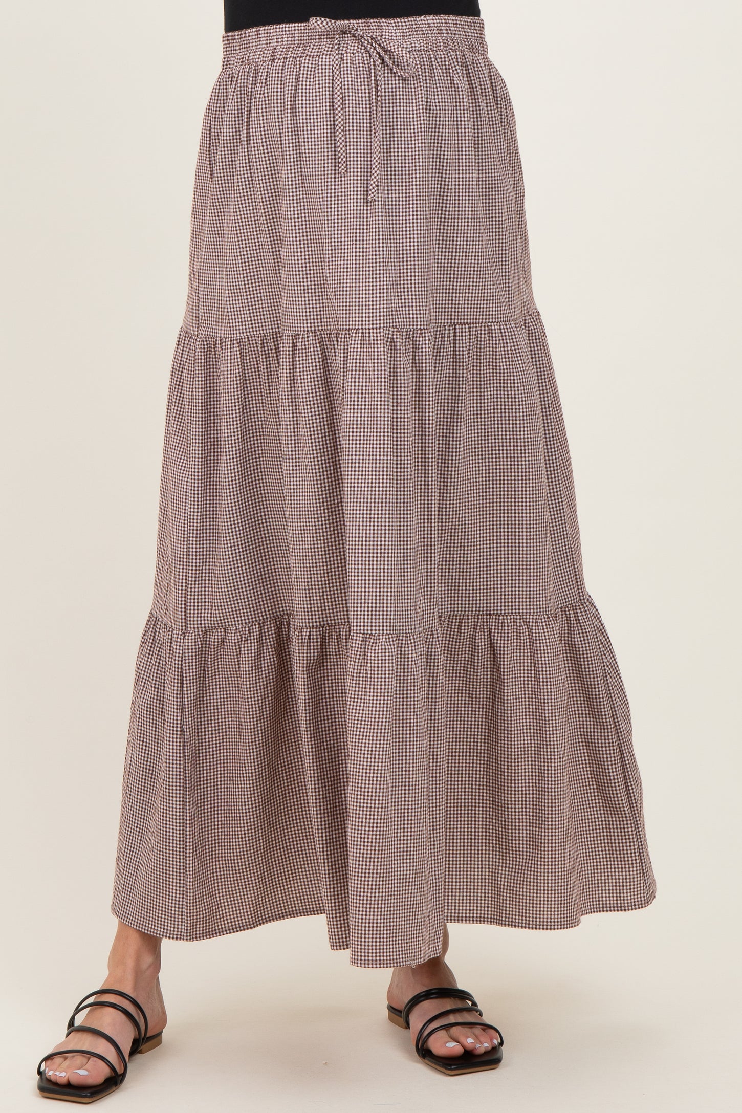 Brown Gingham Tiered Maternity Maxi Skirt