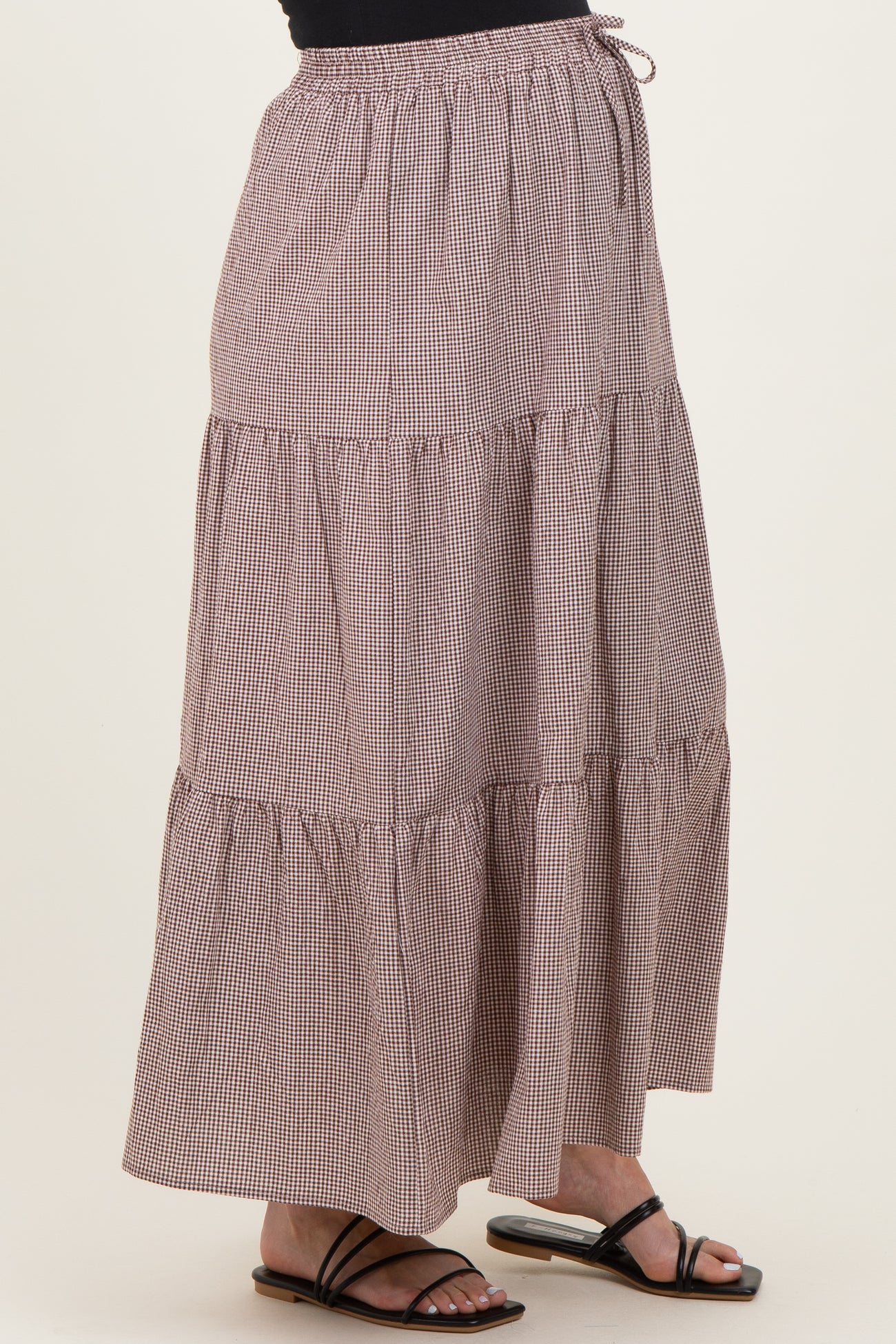 Brown Gingham Tiered Maternity Maxi Skirt