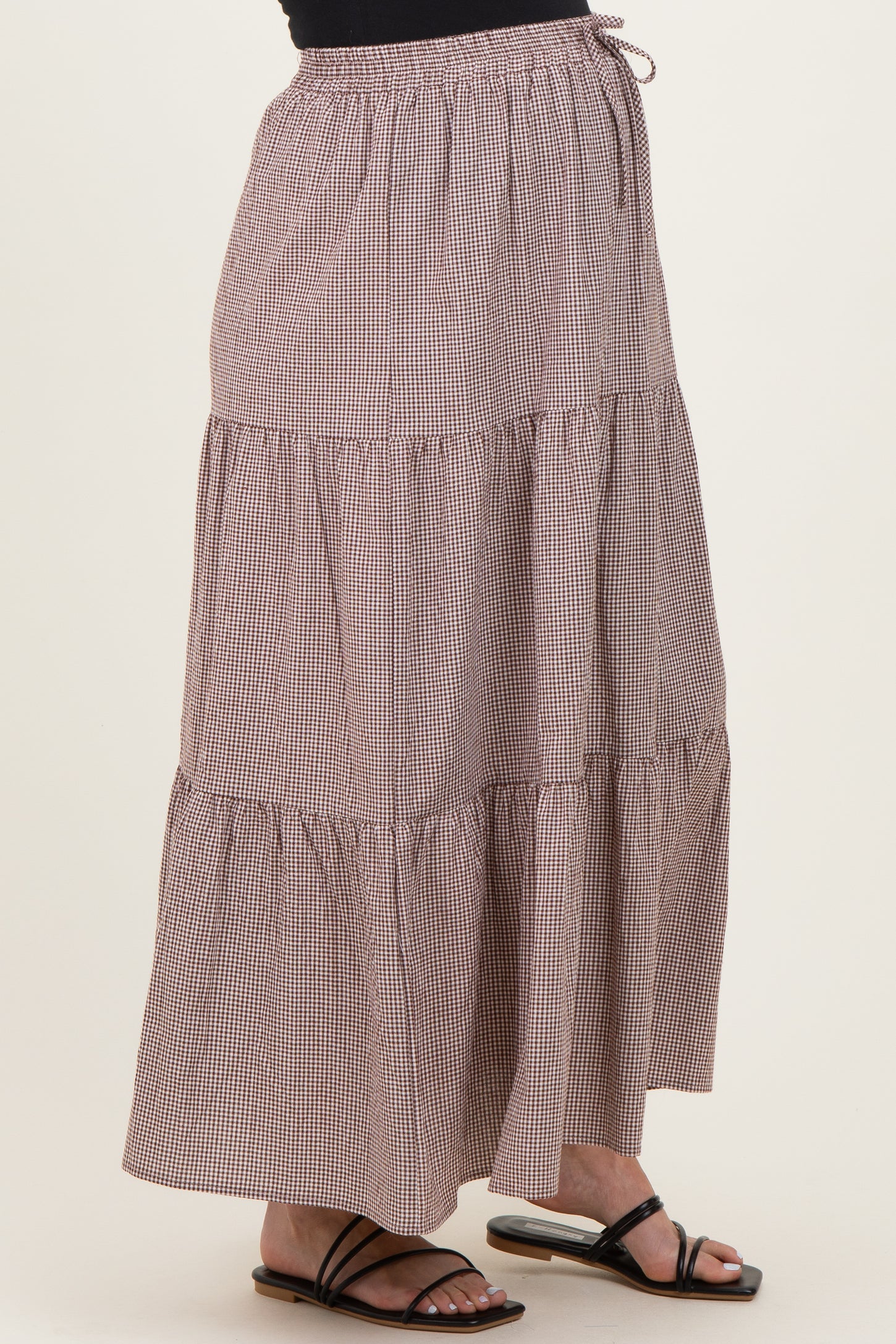 Brown Gingham Tiered Maternity Maxi Skirt