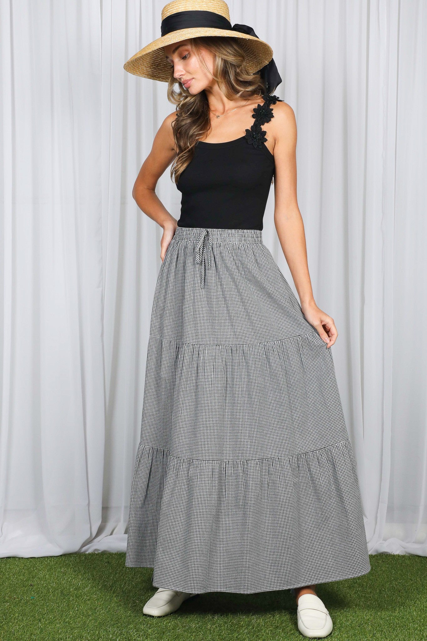Black Gingham Tiered Maternity Maxi Skirt
