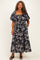 Black Floral Puff Sleeve Smocked Waist Plus Midi Dress